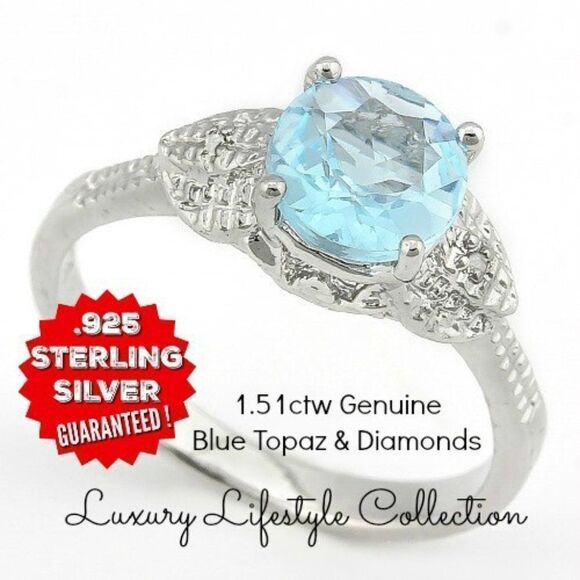 Elite New 1.51ctw Genuine Blue Topaz With Diamond.925 Sterling Silver Size7 Ring - Picture 1 of 6